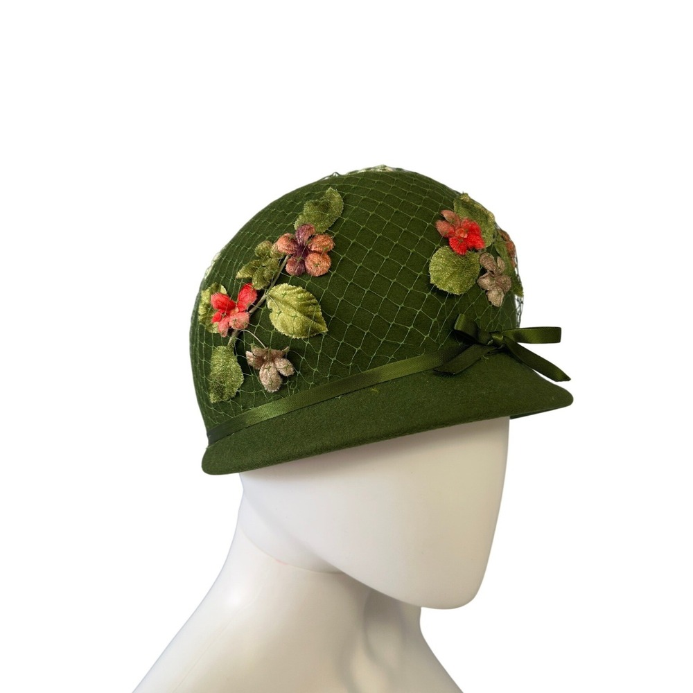 Vtg 50s Green Wool Felt Cloche Hat Floral Velvet Glenover Flapper Style JS - Picture 3 of 12